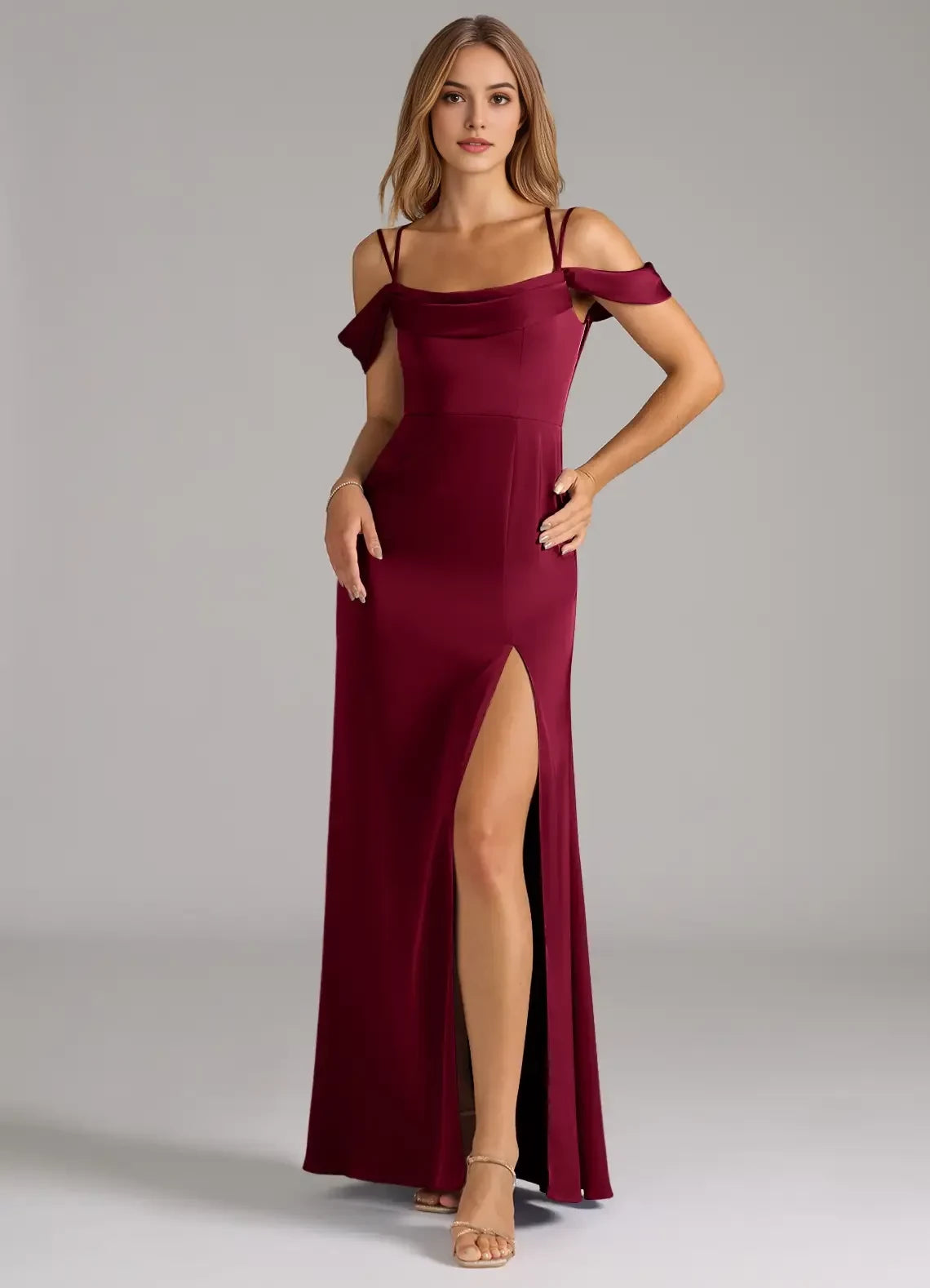 Alluring Sheath Cowl Neck Cold Shoulder Criss Cross Back Floor Length Bridesmaid Dress