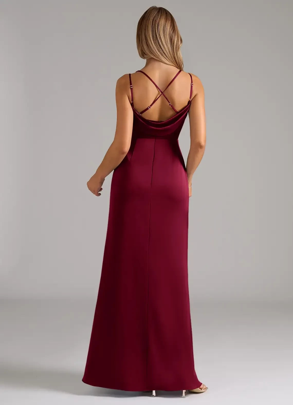 Alluring Sheath Cowl Neck Cold Shoulder Criss Cross Back Floor Length Bridesmaid Dress