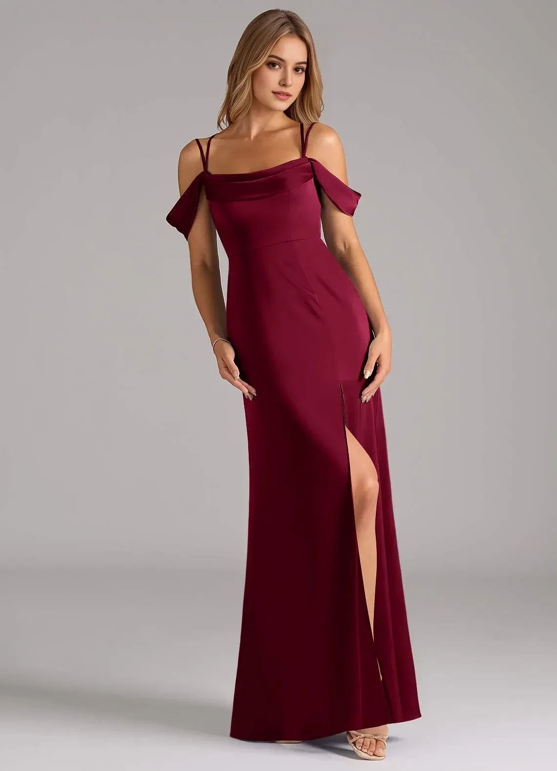 Alluring Sheath Cowl Neck Cold Shoulder Criss Cross Back Floor Length Bridesmaid Dress