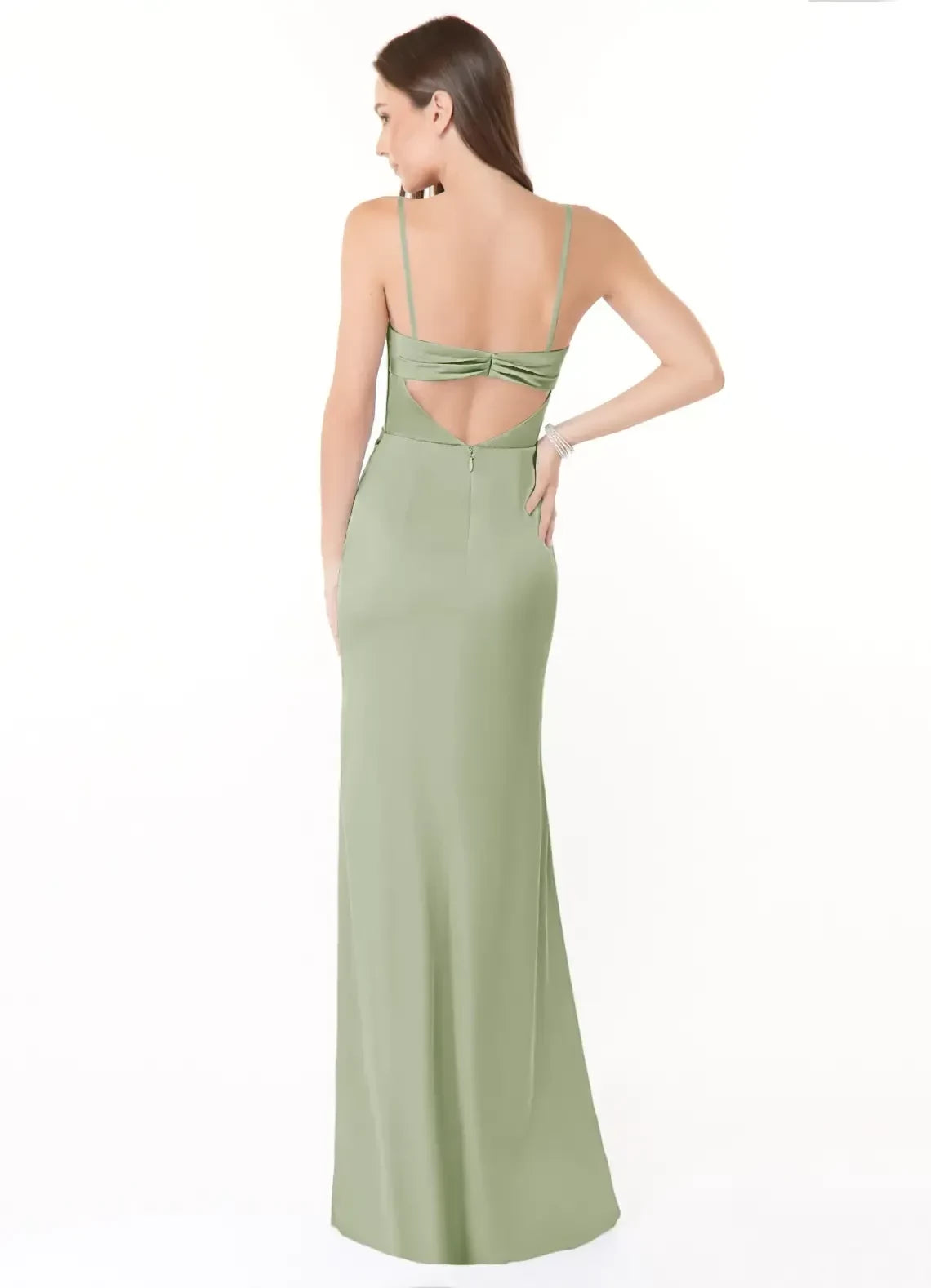Alluring Sheath Cowl Neck Spaghetti Strap Cut Out Back Floor Length Bridesmaid Dress