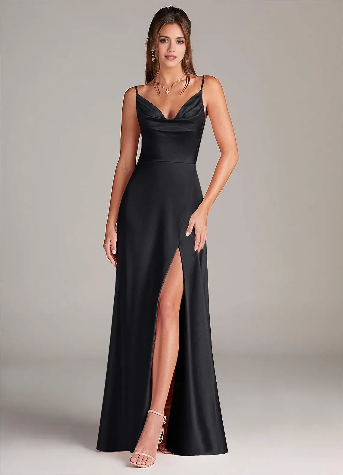 Alluring Sheath Cowl Neck Spaghetti Strap Open Back Floor Length Bridesmaid Dress