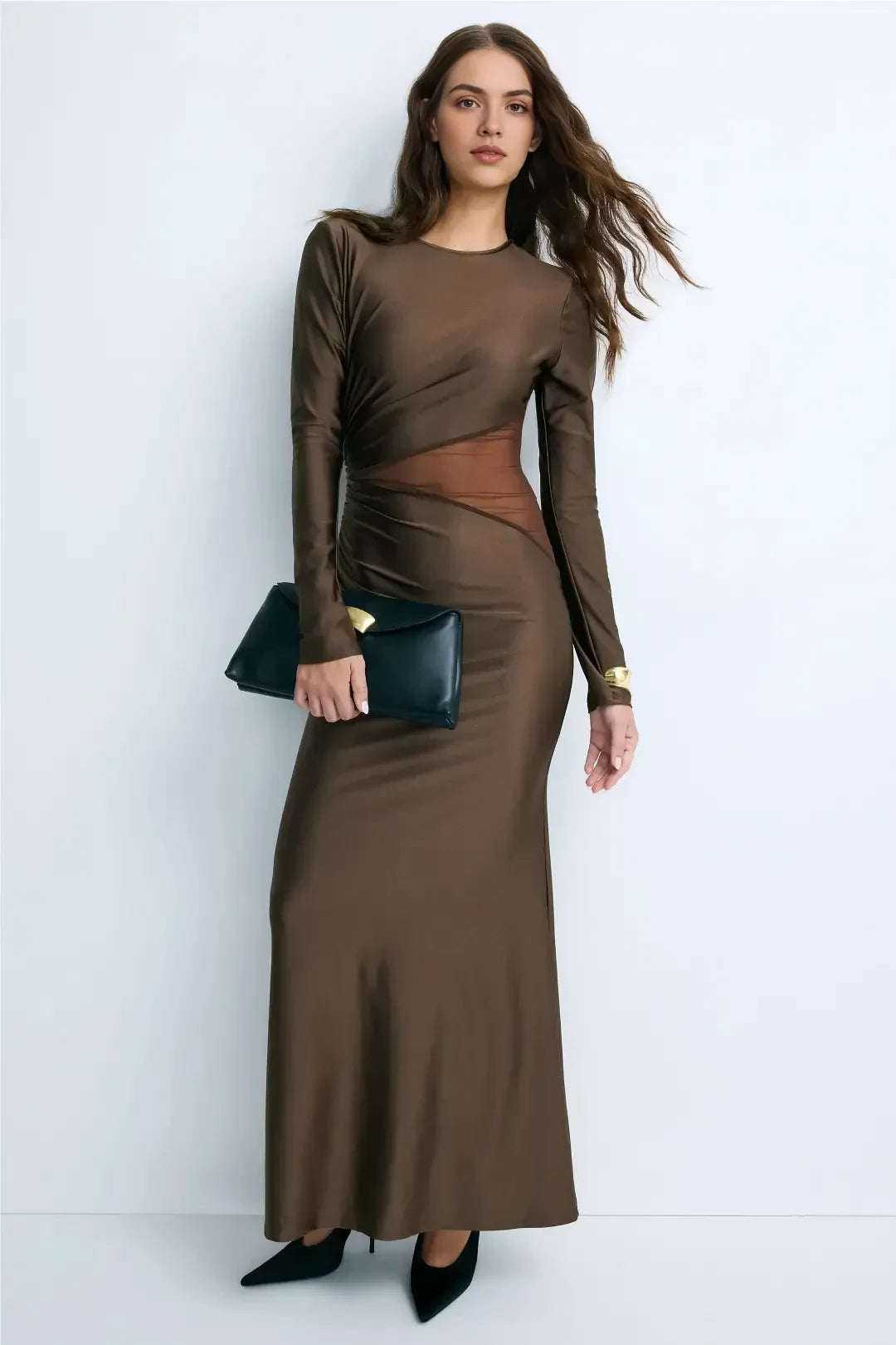 Alluring Sheath Crew Neck Long Sleeve Sheer Panel Floor Length Plus Size Prom Dress