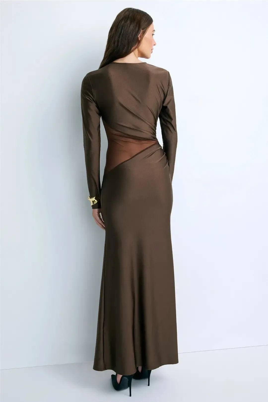 Alluring Sheath Crew Neck Long Sleeve Sheer Panel Floor Length Plus Size Prom Dress