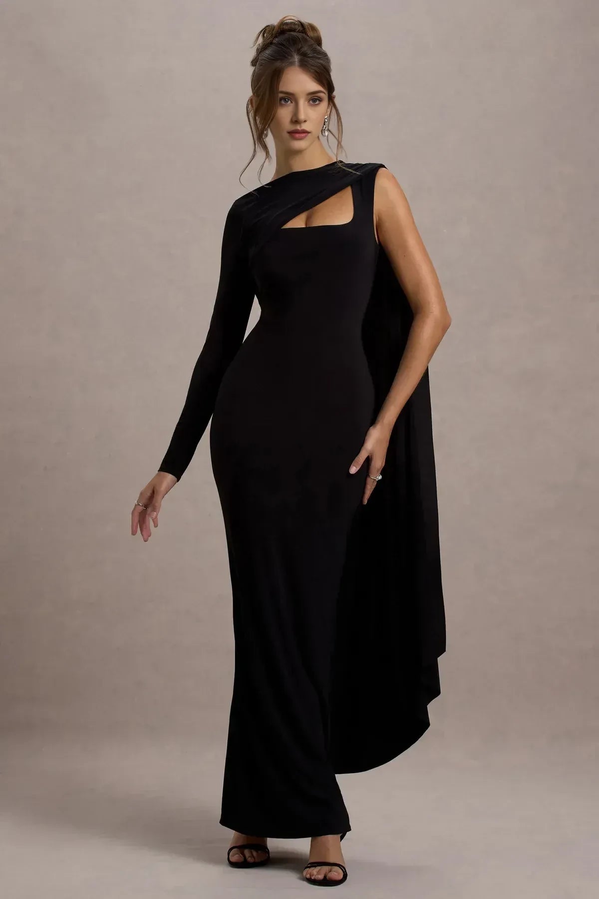 Alluring Sheath Cut Out Neck Asymmetrical Sleeve Zip Back Floor Length Evening Dress