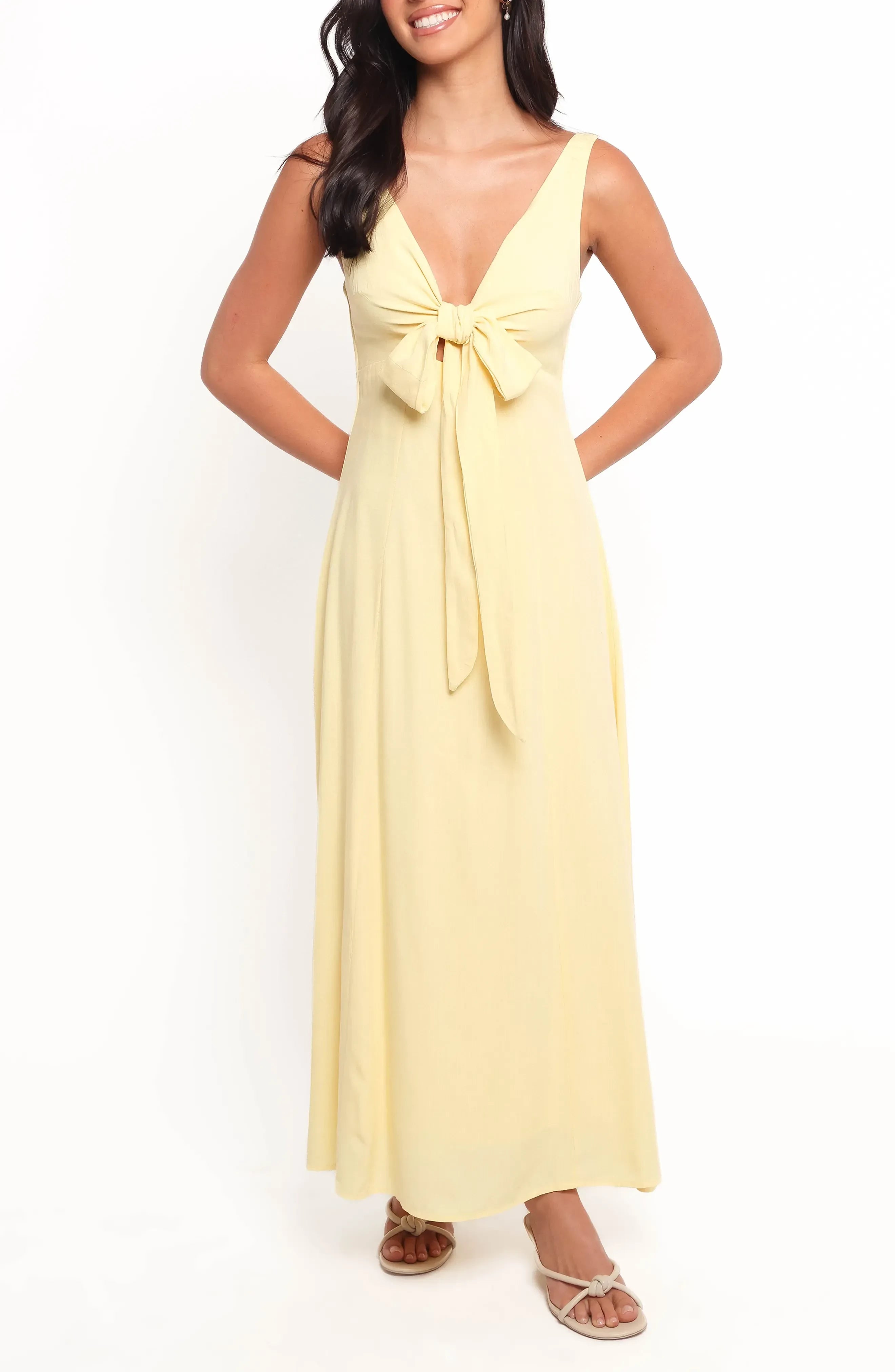 Alluring Sheath Deep V Neck Sleeveless Tie Back Floor Length Bridesmaid Dress
