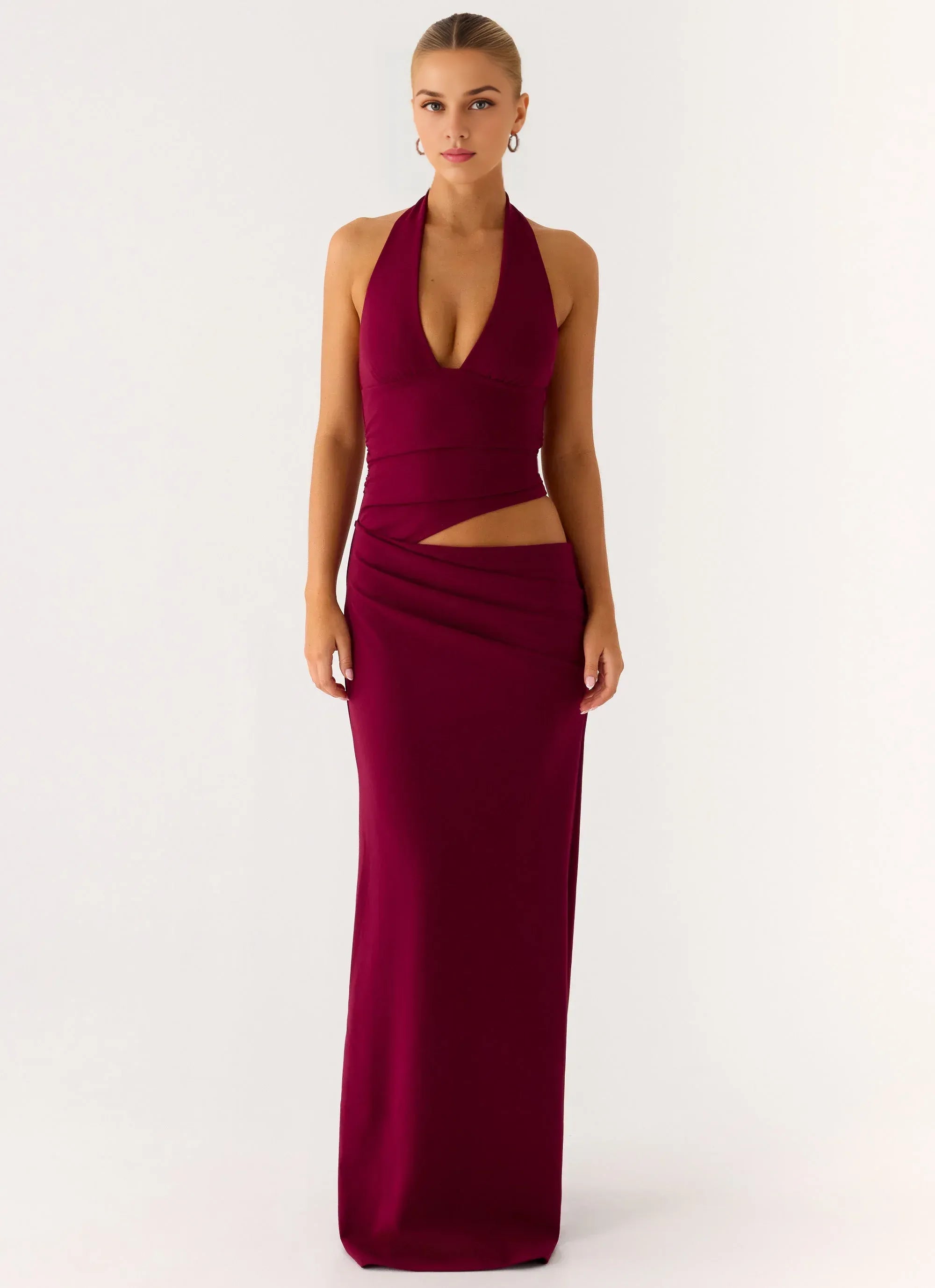Alluring Sheath Halter Neck Sleeveless Cutout Waist Floor Length Plus Size Evening Dress