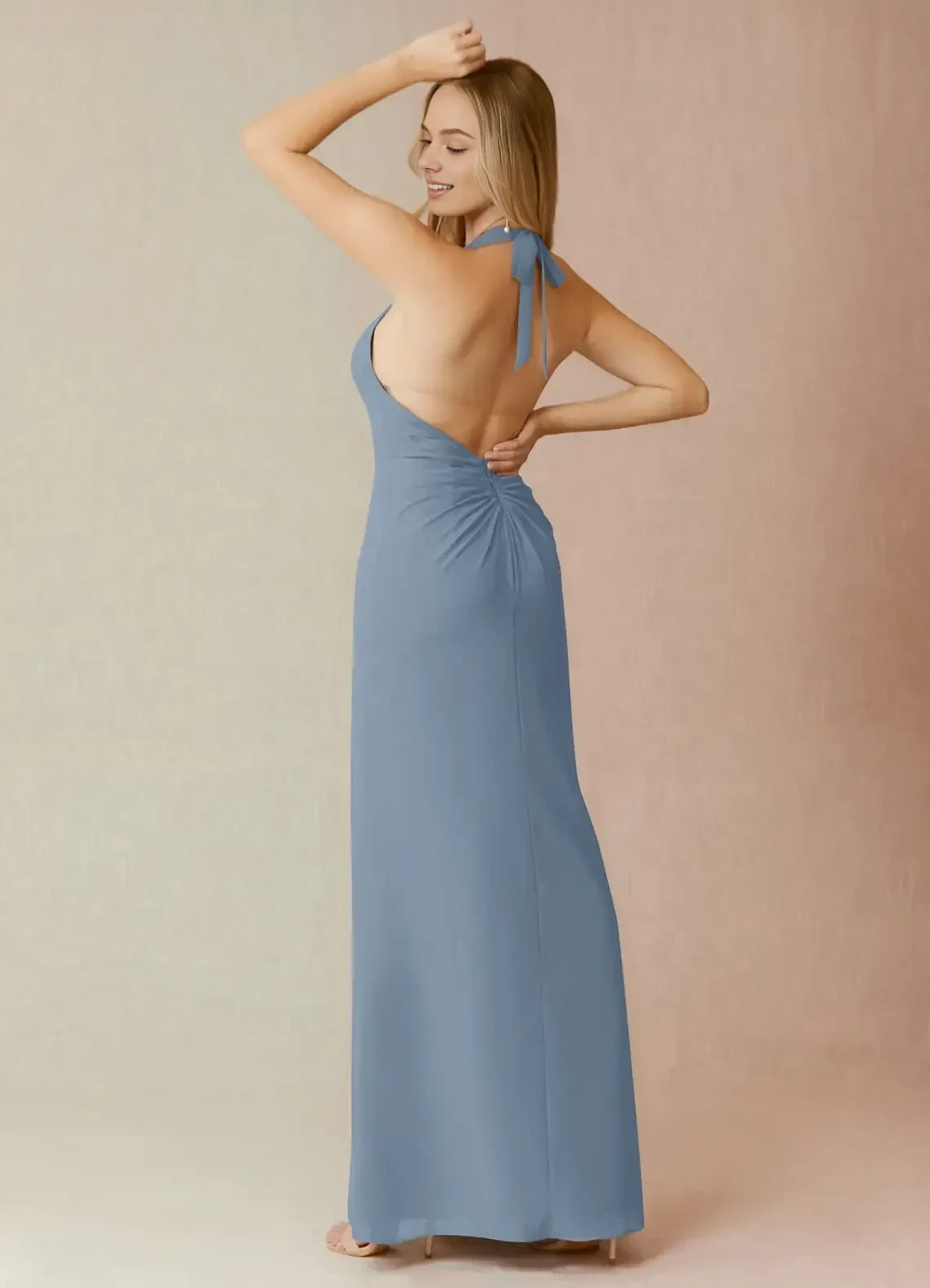 Alluring Sheath Halter Neck Sleeveless Open Back Floor Length Bridesmaid Dress