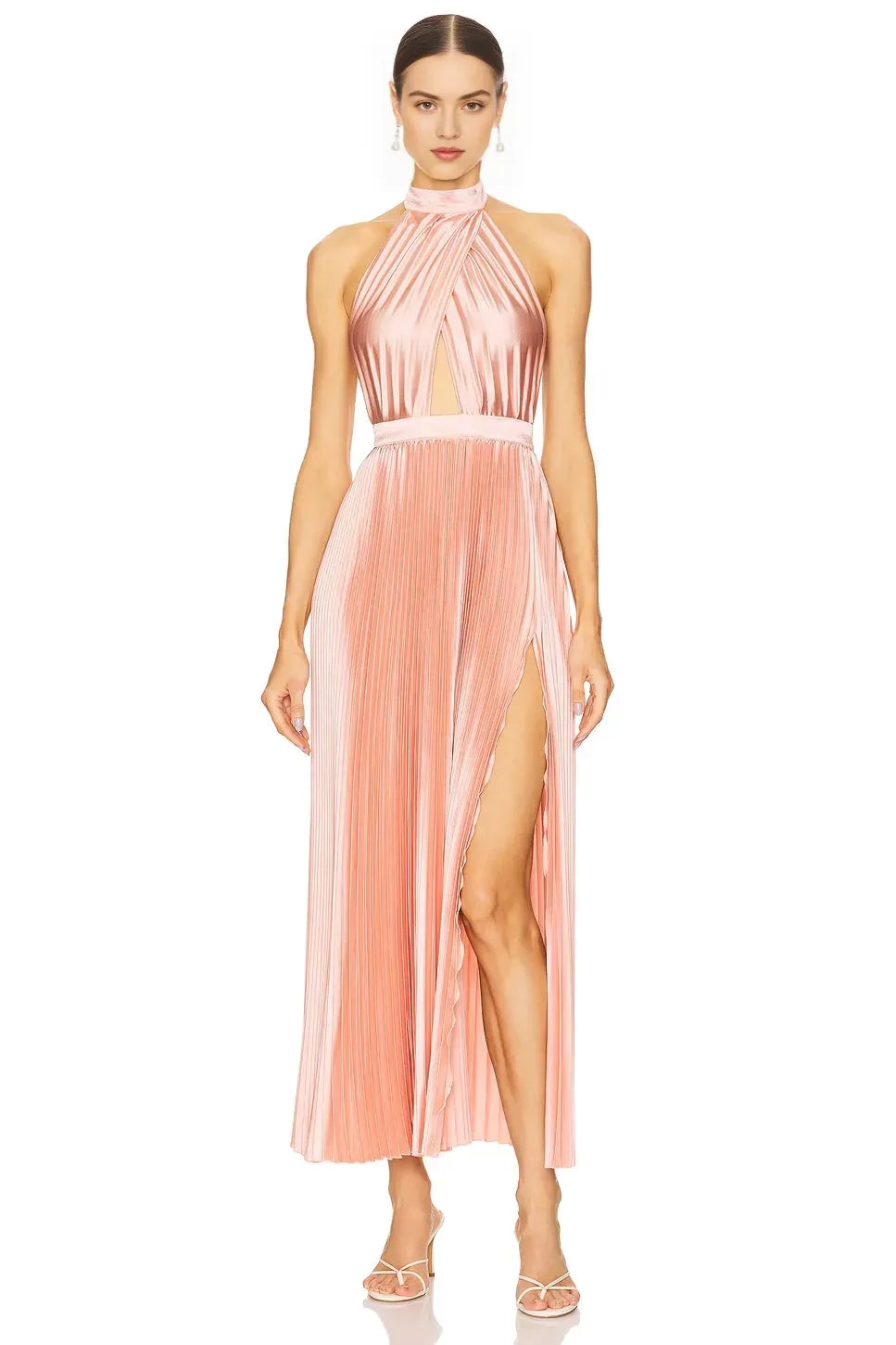 Alluring Sheath Halter Neck Sleeveless Pleated High Slit Evening Dress