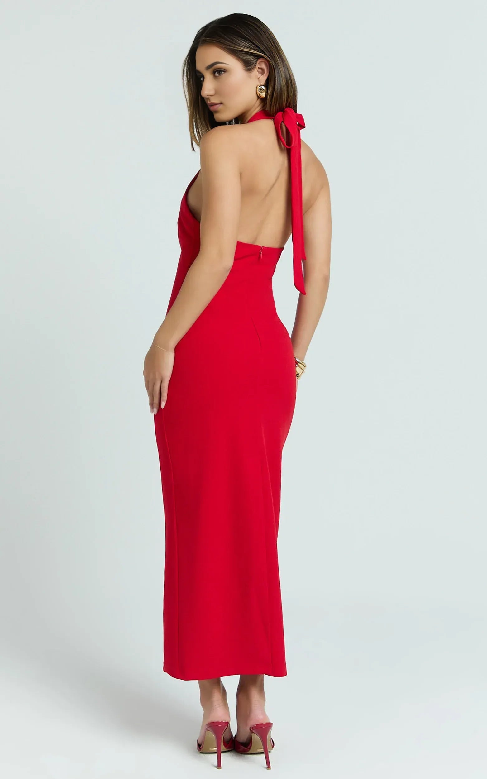 Alluring Sheath Halter Sleeveless Tie Back Midi Plus Size Evening Dress