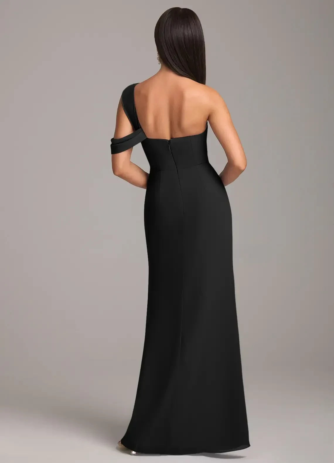 Alluring Sheath One Shoulder Asymmetrical Sleeve Open Back Floor Length Bridesmaid Dress