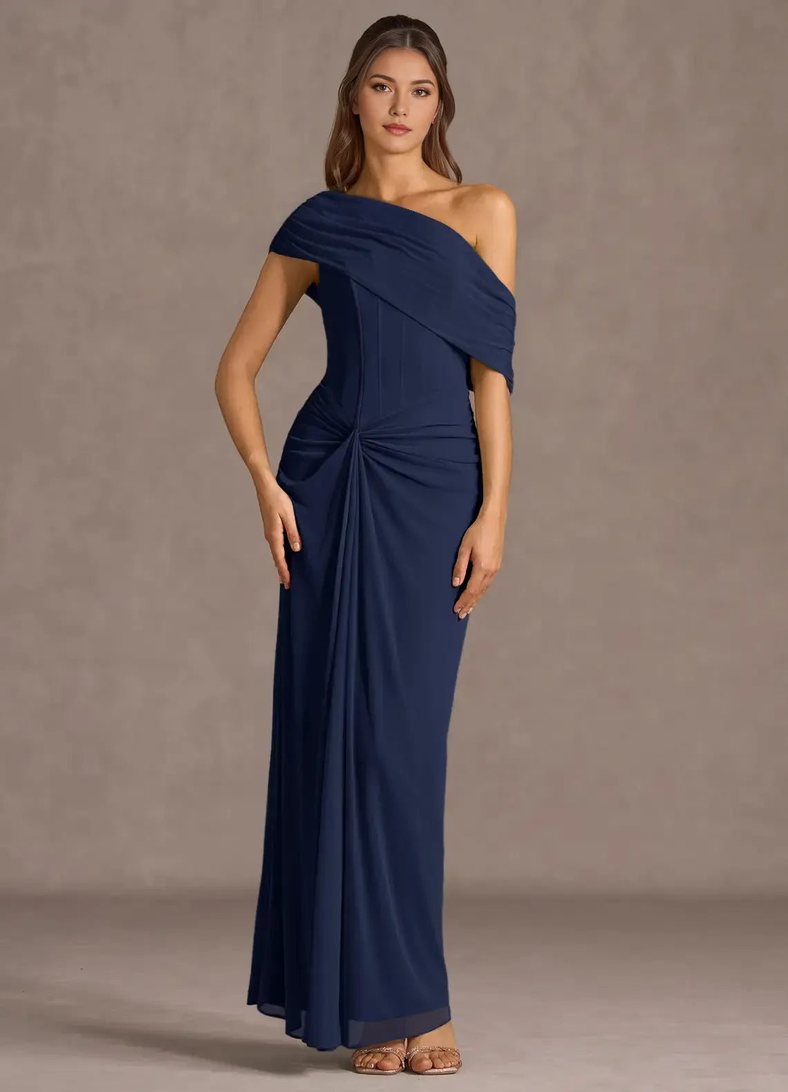 Alluring Sheath One Shoulder Drape Sleeve Open Back Floor Length Hot sale Prom Dress