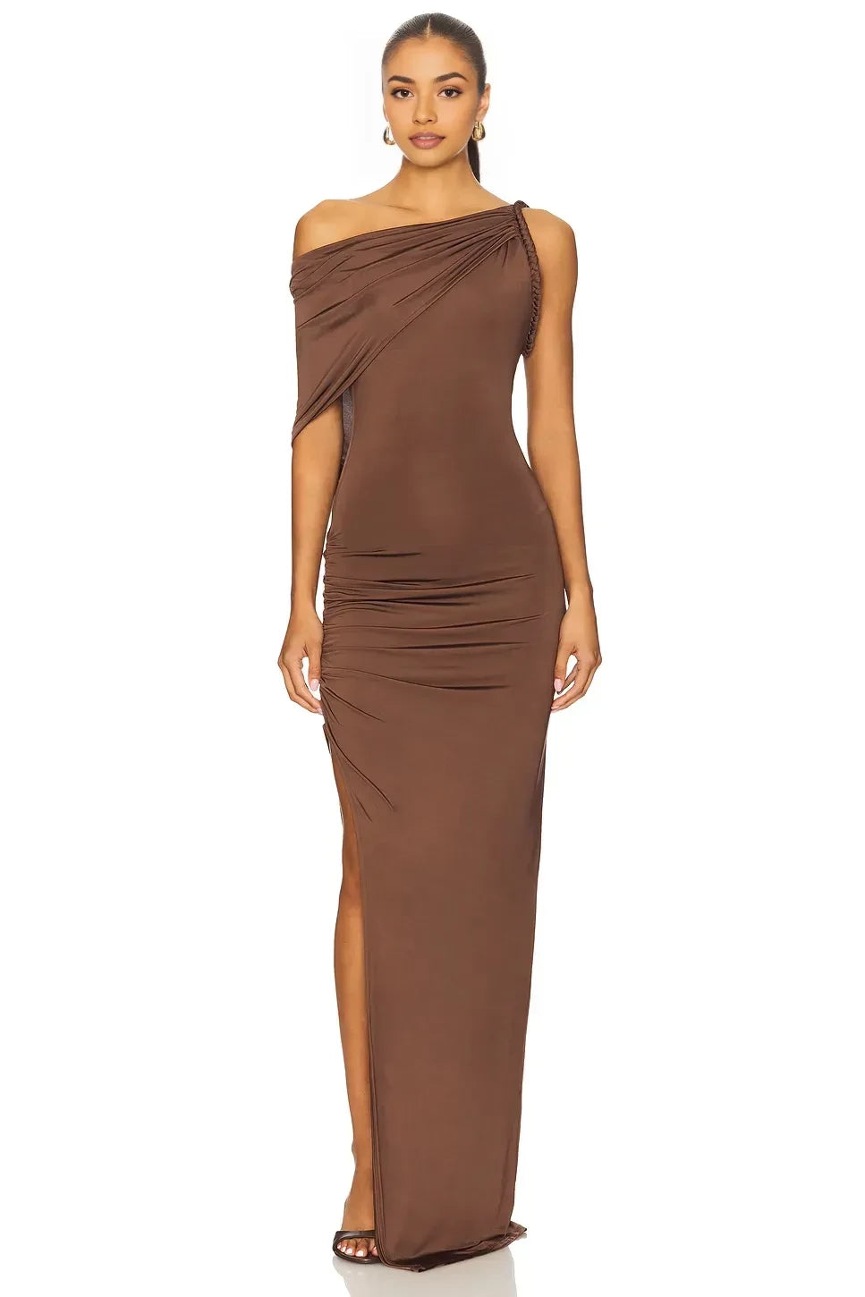 Alluring Sheath One Shoulder Draped Sleeve Open Back Floor Length Evening Dress