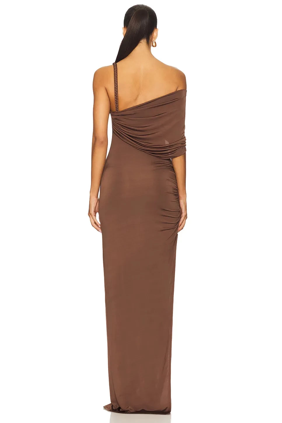 Alluring Sheath One Shoulder Draped Sleeve Open Back Floor Length Evening Dress