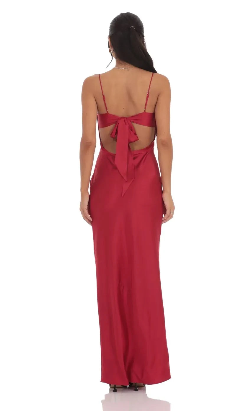 Alluring Sheath Plunge Neck Spaghetti Strap Bow Back Floor Length Evening Dress