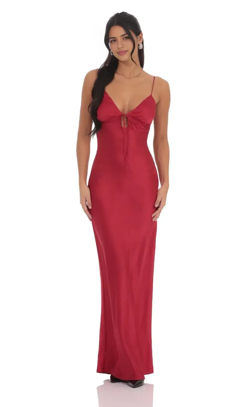 Alluring Sheath Plunge Neck Spaghetti Strap Bow Back Floor Length Evening Dress