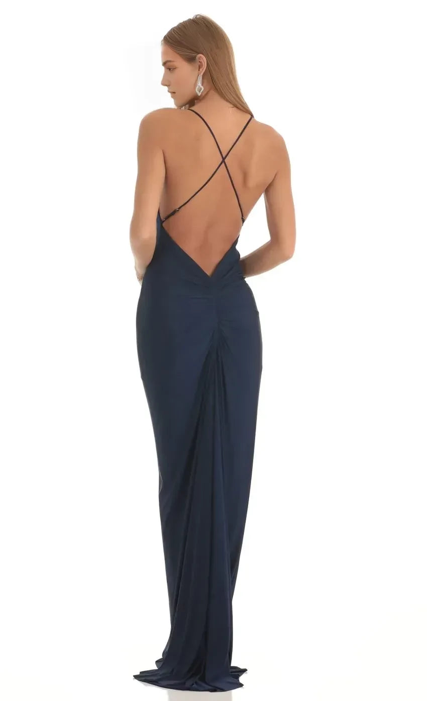 Alluring Sheath Plunge Neck Spaghetti Strap Criss Cross Back Floor Length Evening Dress