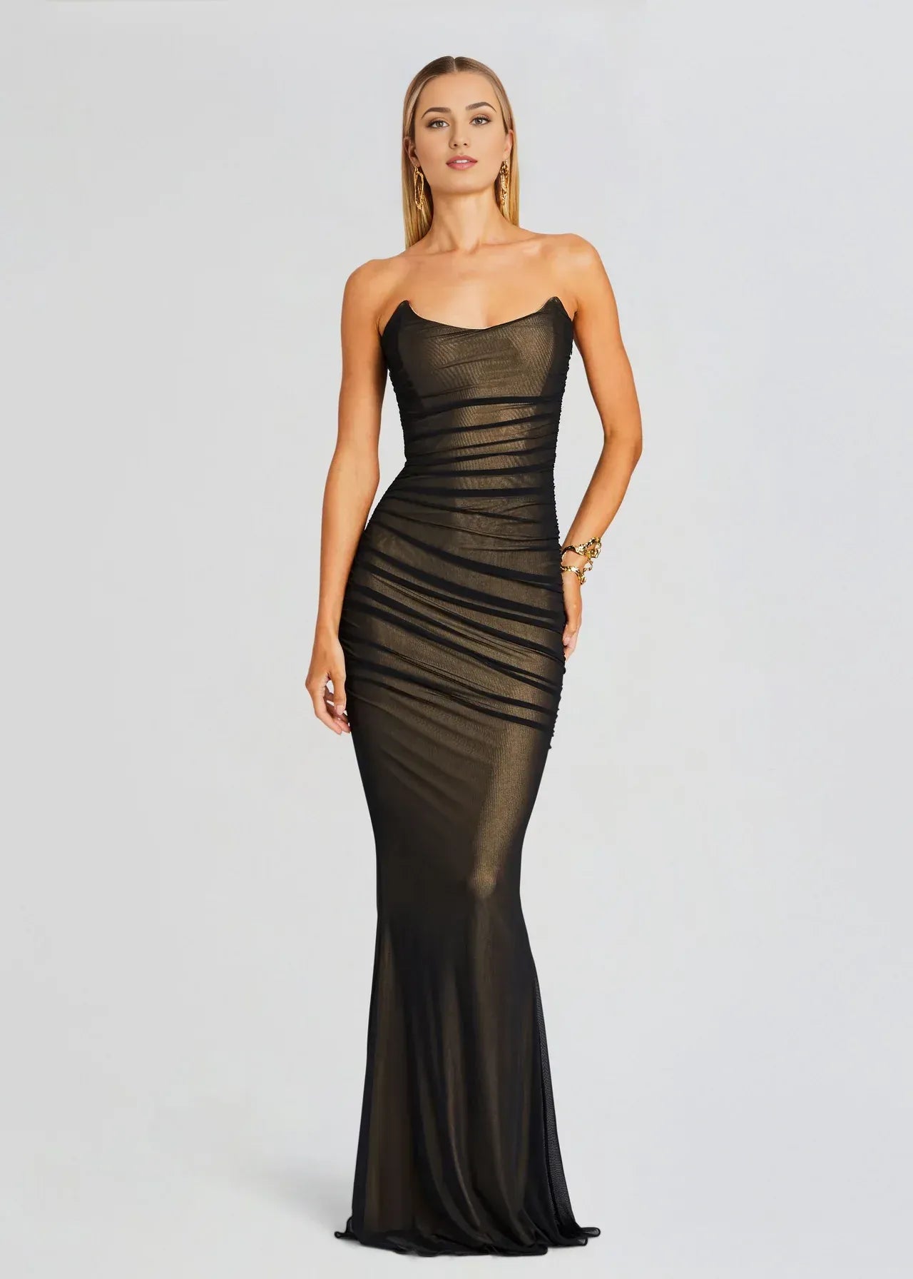 Alluring Sheath Strapless Sleeveless Ruched Back Floor Length Plus Size Prom Dress
