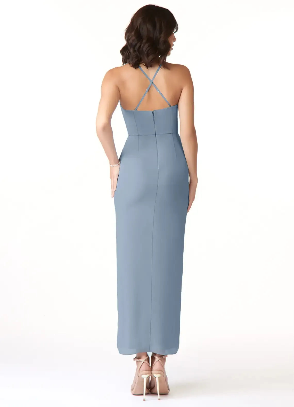 Alluring Sheath V Neck Spaghetti Strap Crisscross Back Midi Length Bridesmaid Dress