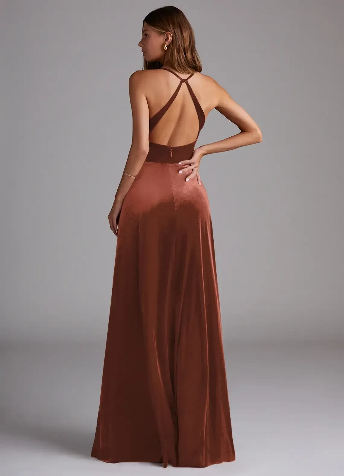 Alluring Sheath V Neck Spaghetti Strap Open Back Floor Length Bridesmaid Dress