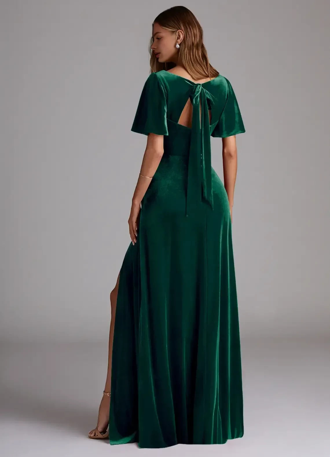 Appealing A Line V Neck Flutter Sleeve Tie Back Floor Length Bridesmaid Dress