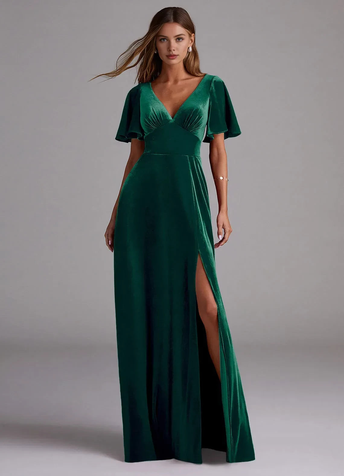 Appealing A Line V Neck Flutter Sleeve Tie Back Floor Length Bridesmaid Dress