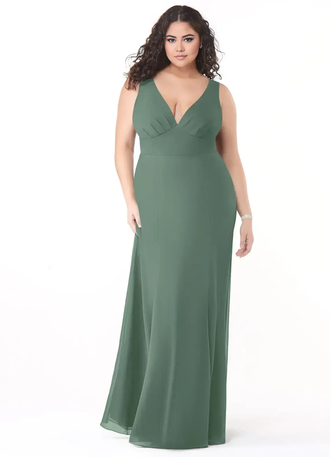 Appealing Plus Size A Line Plunging V Neck Sleeveless Bow Back Floor Length Bridesmaid Dress