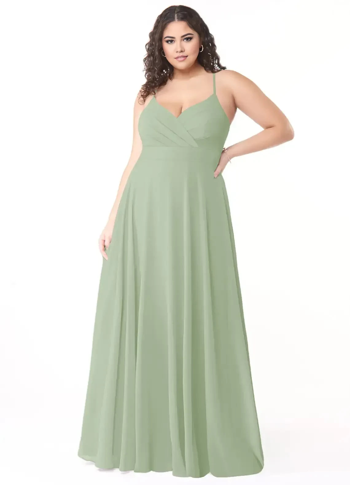 Appealing Plus Size A Line V Neck Spaghetti Strap Cutout Back Floor Length Bridesmaid Dress