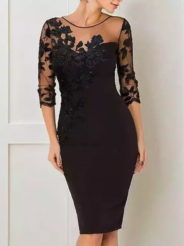 Applique Scoop 3/4 Sleeves Knee-Length Sheath Stretch Crepe Mother of the Bride Dresses