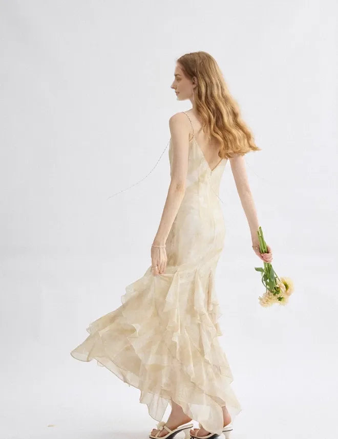 Apricot Mermaid Spaghetti Strap Ruffle Chiffon Long Sleeveless Off-the-shoulder Long Prom Dress Cocktail Dress Homecoming Dress Evening Dress Party Dress