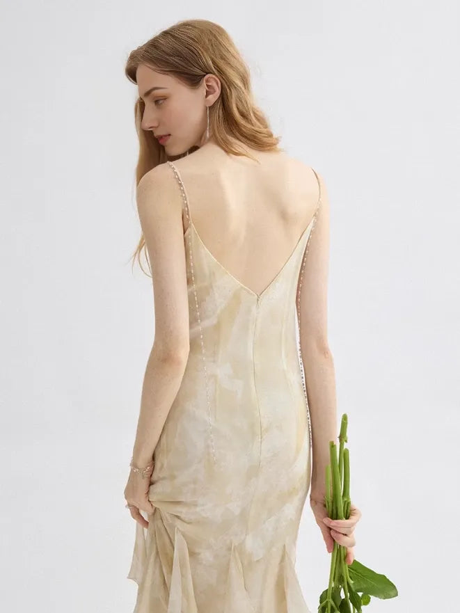 Apricot Mermaid Spaghetti Strap Ruffle Chiffon Long Sleeveless Off-the-shoulder Long Prom Dress Cocktail Dress Homecoming Dress Evening Dress Party Dress