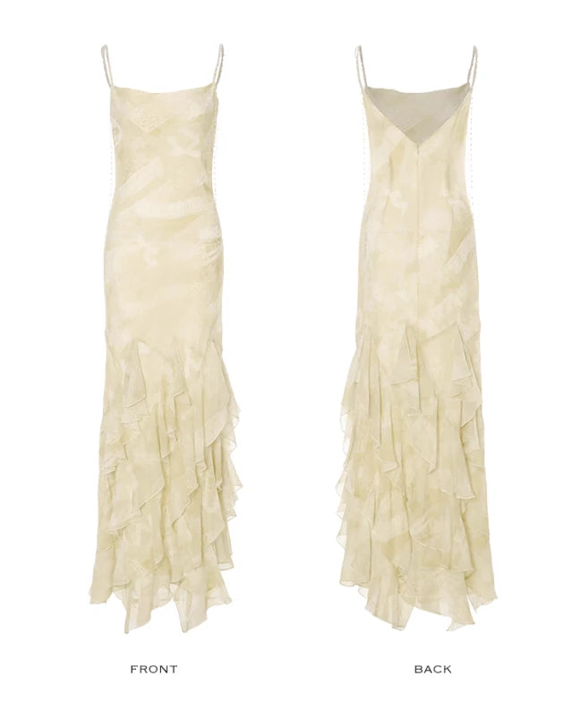 Apricot Mermaid Spaghetti Strap Ruffle Chiffon Long Sleeveless Off-the-shoulder Long Prom Dress Cocktail Dress Homecoming Dress Evening Dress Party Dress