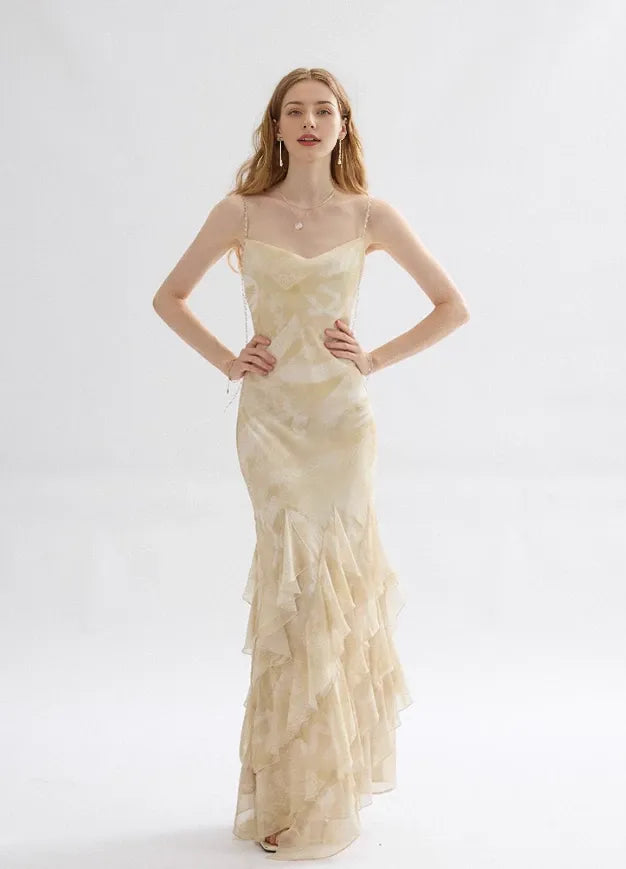 Apricot Mermaid Spaghetti Strap Ruffle Chiffon Long Sleeveless Off-the-shoulder Long Prom Dress Cocktail Dress Homecoming Dress Evening Dress Party Dress