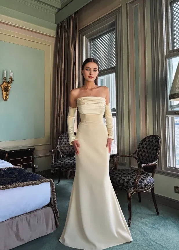 Apricot Simple Mermaid Strapless Satin Long Sleeveless Off-the-shoulder Floor length Prom Dress Cocktail Dress Homecoming Dress Evening Dress