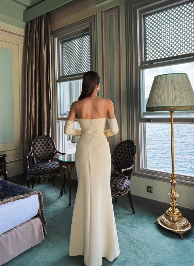 Apricot Simple Mermaid Strapless Satin Long Sleeveless Off-the-shoulder Floor length Prom Dress Cocktail Dress Homecoming Dress Evening Dress