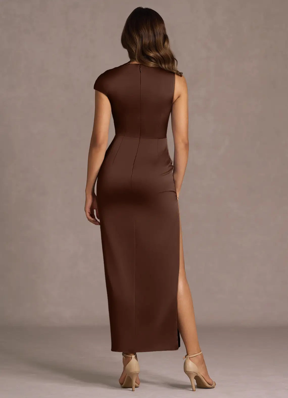 Asymmetric Shoulder Mock Neck Satin Sheath Ruched Bodice High Slit Midi Length Female Prom Dress