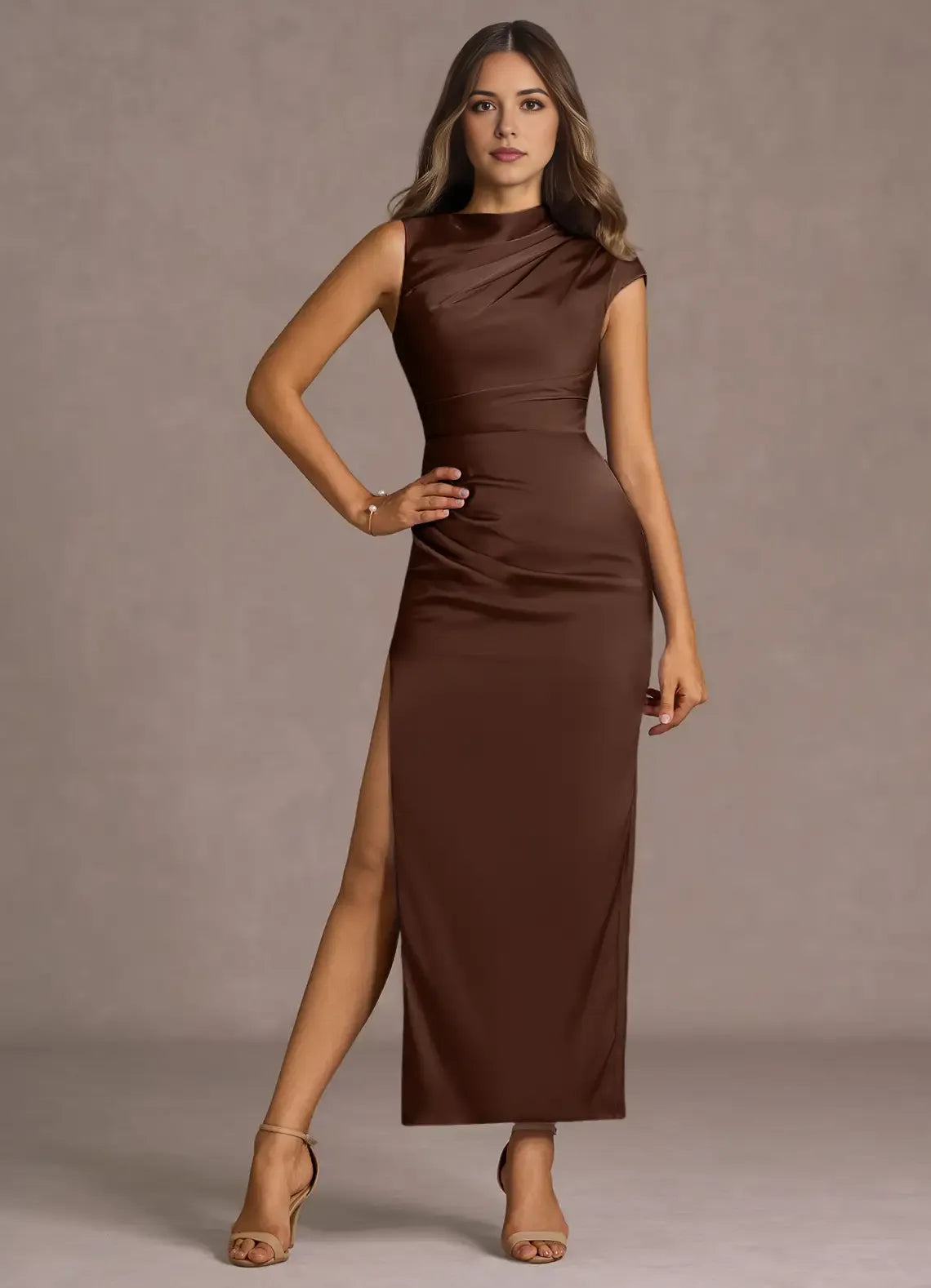 Asymmetric Shoulder Mock Neck Satin Sheath Ruched Bodice High Slit Midi Length Female Prom Dress