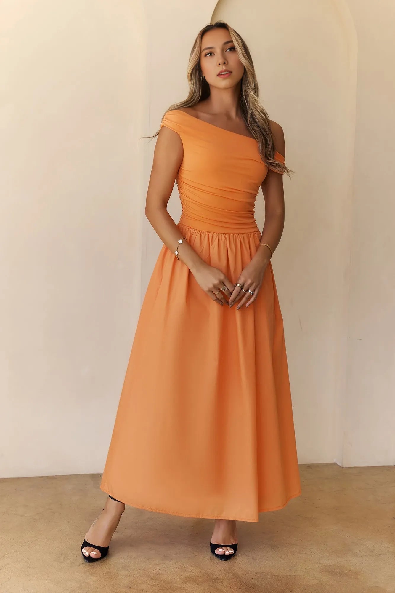 Asymmetric Sleeveless A-Line Unique Off the shoulder Floor length Party Dress Hot Sale For ladies