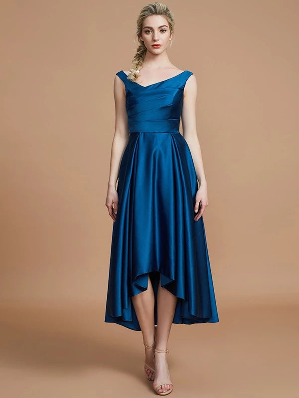 Asymmetrical Sleeveless V-neck Satin Bridesmaid Dresses