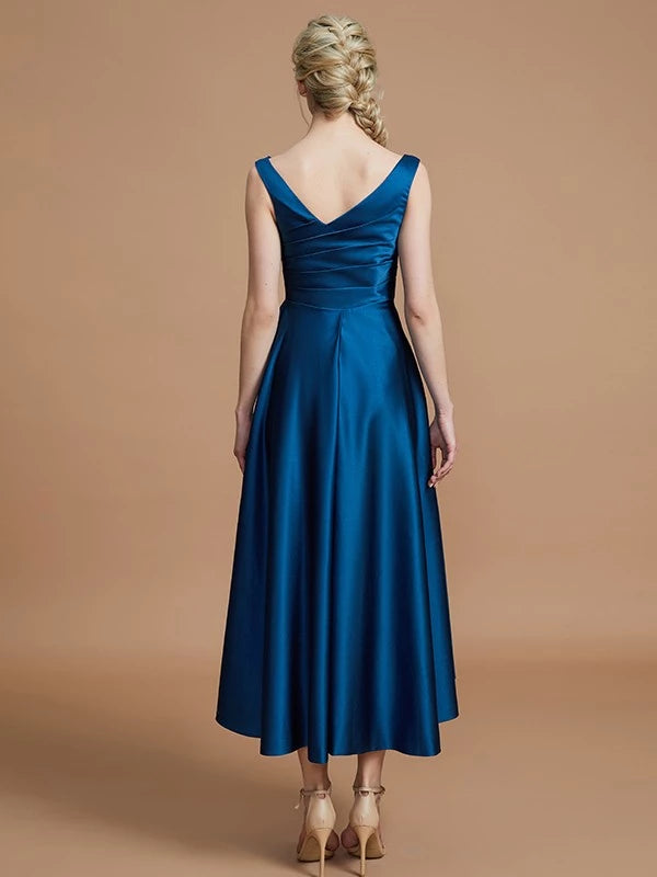 Asymmetrical Sleeveless V-neck Satin Bridesmaid Dresses