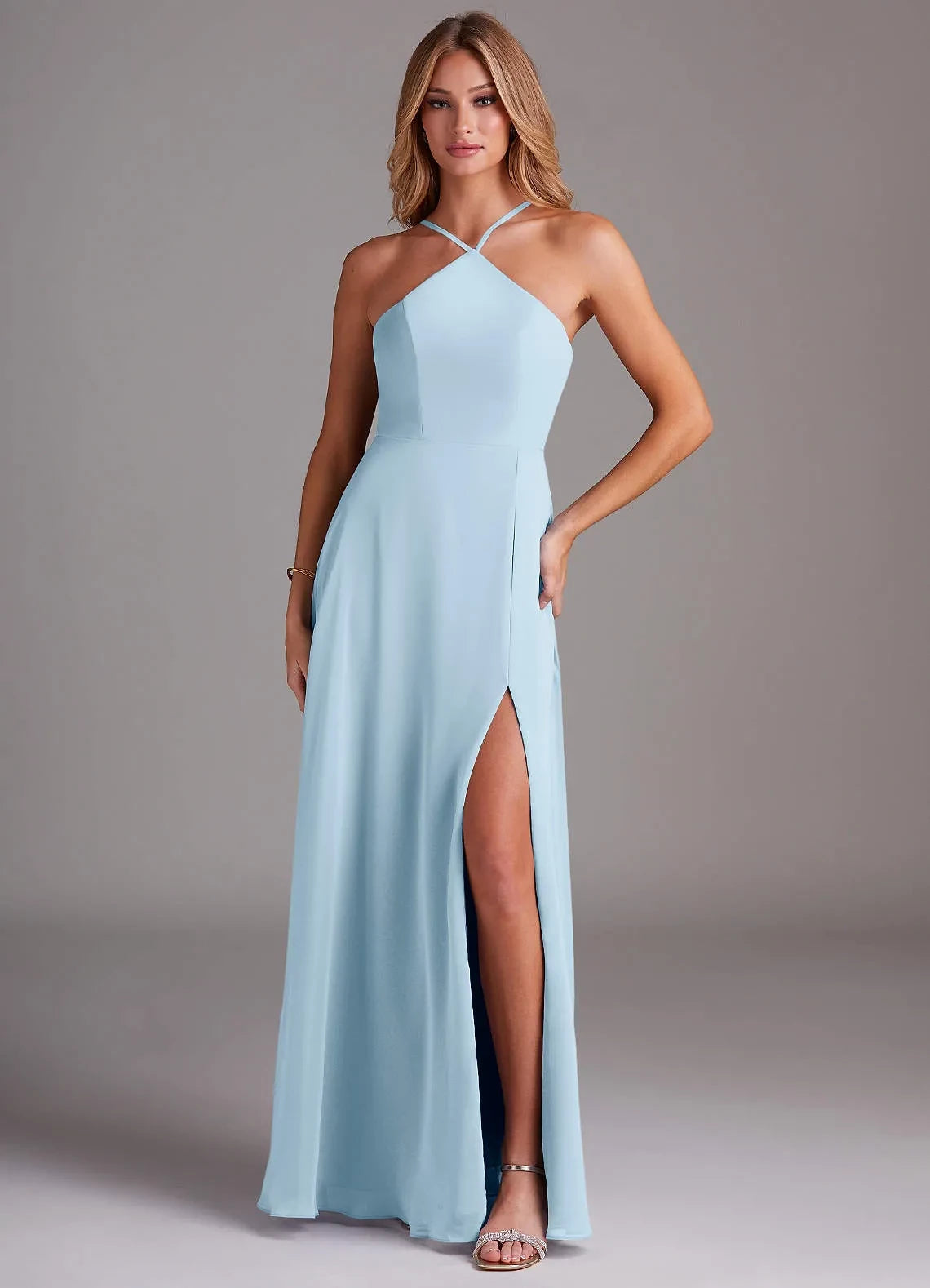 Attractive A Line Halter Neck Sleeveless Zipper Back Floor Length Bridesmaid Dress