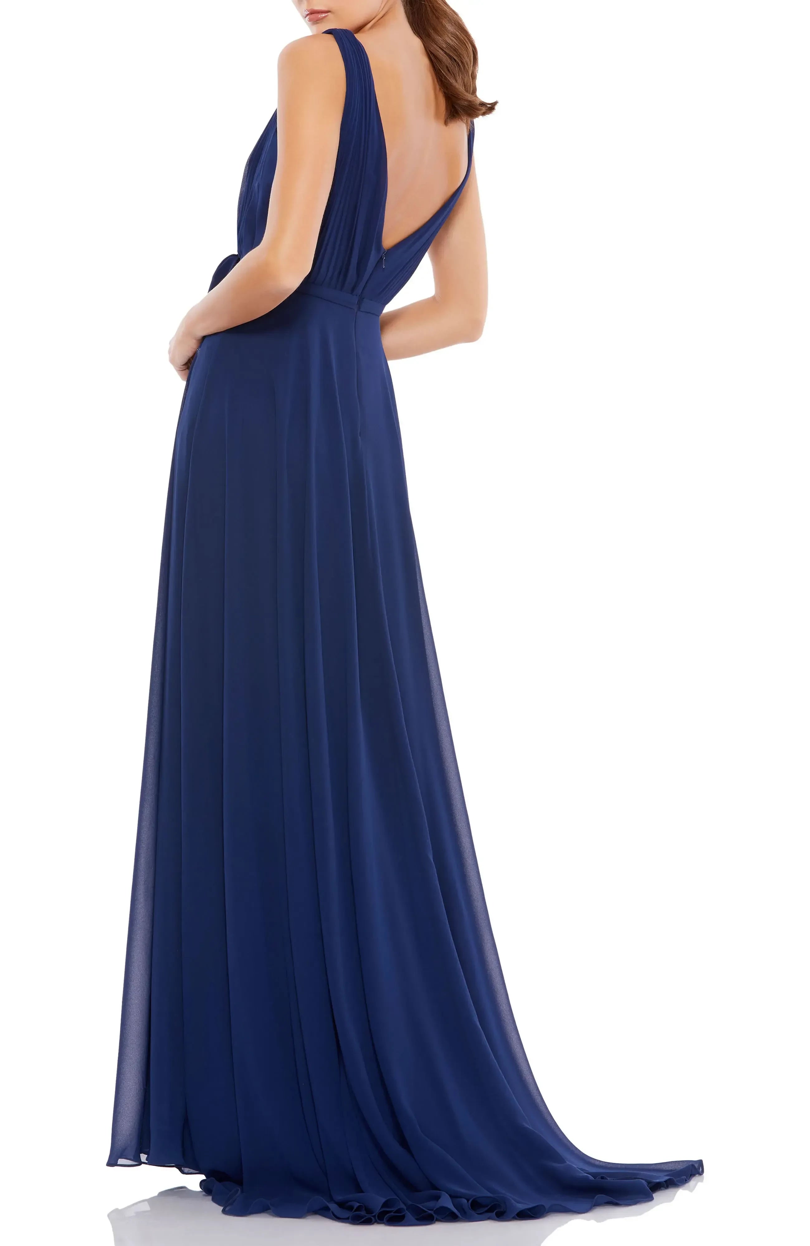 Attractive A Line Plunging V Neck Sleeveless Open Back Floor Length Bridesmaid Dress