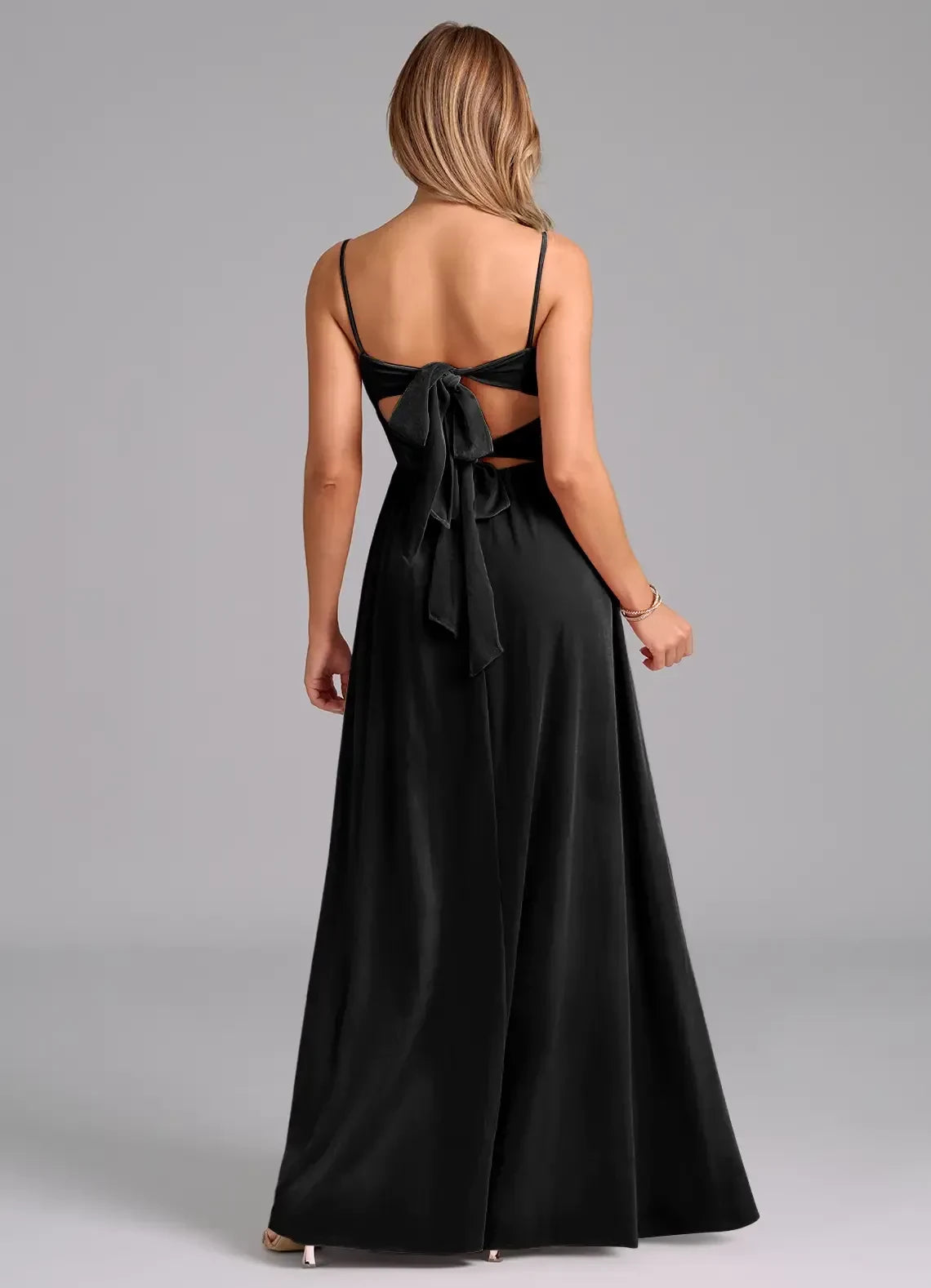 Attractive A Line Sweetheart Neck Spaghetti Strap Bow Back Floor Length Bridesmaid Dress