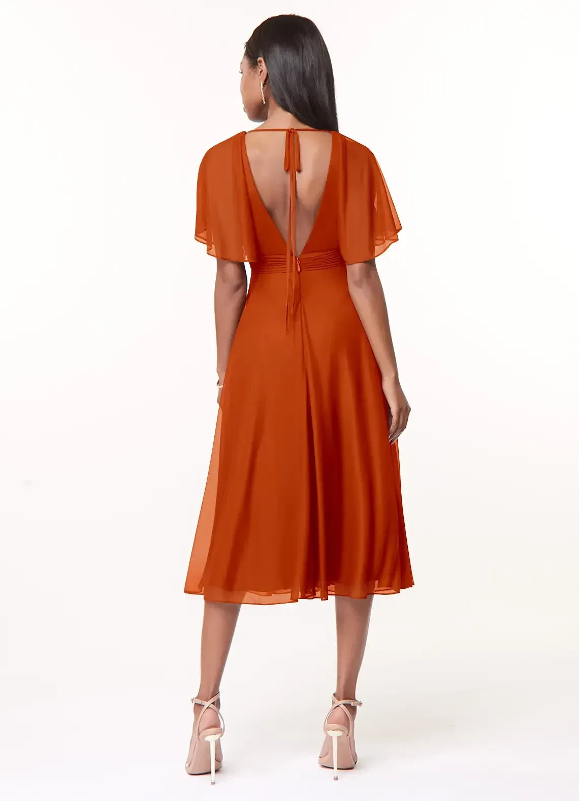 Attractive A Line V Neck Flutter Sleeve Tie Back Midi Length Bridesmaid Dress