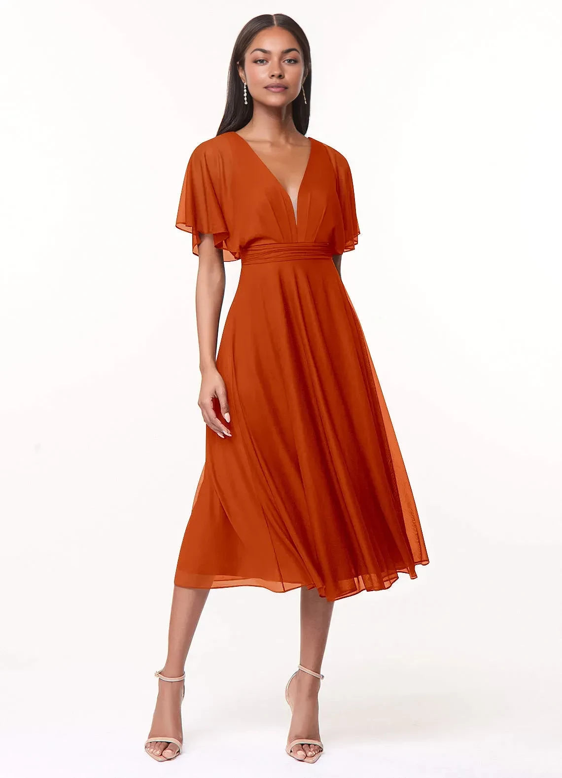 Attractive A Line V Neck Flutter Sleeve Tie Back Midi Length Bridesmaid Dress