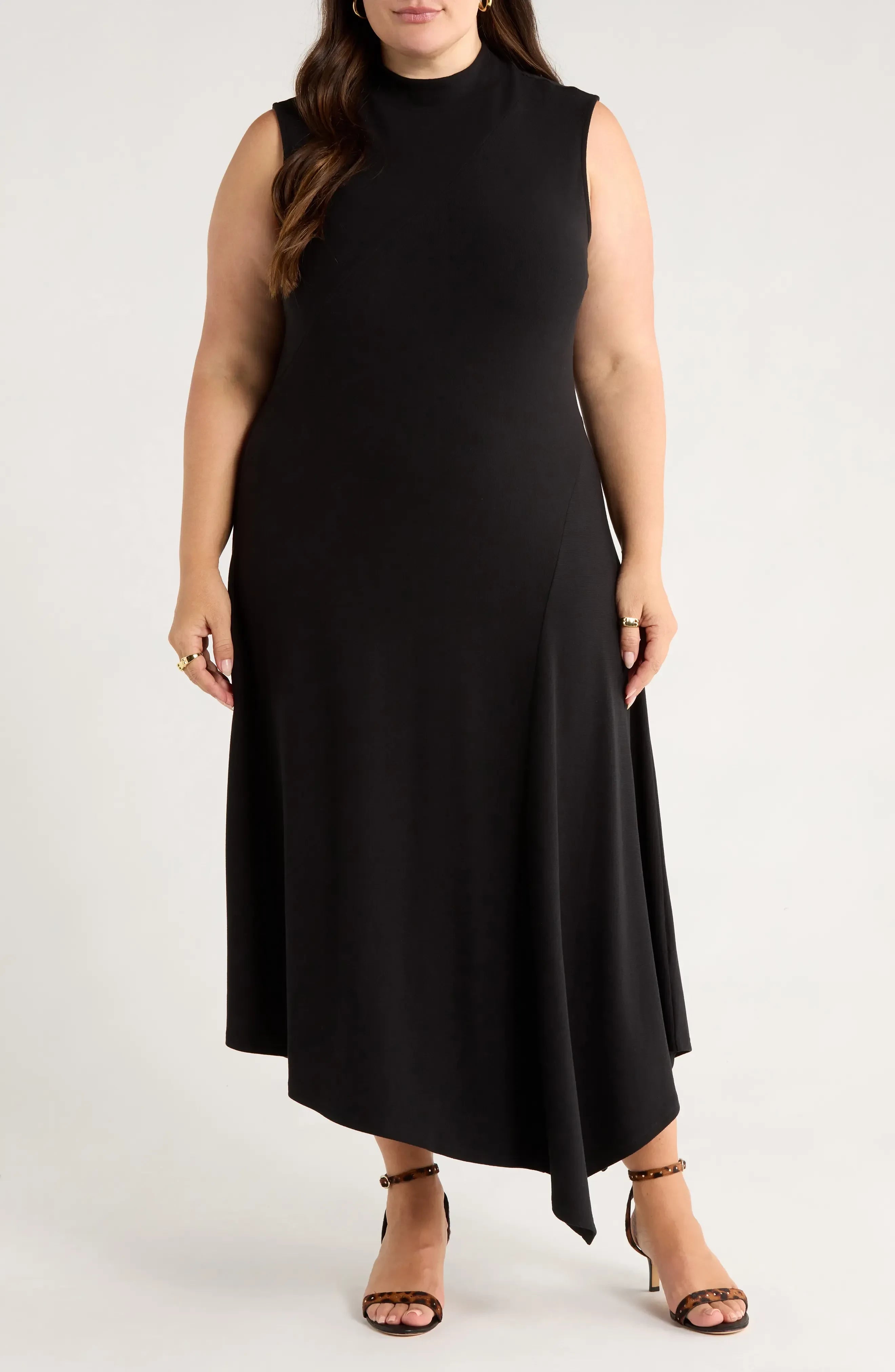 Attractive Plus Size A Line Mock Neck Sleeveless Plain Back Asymmetric Length Evening Dress