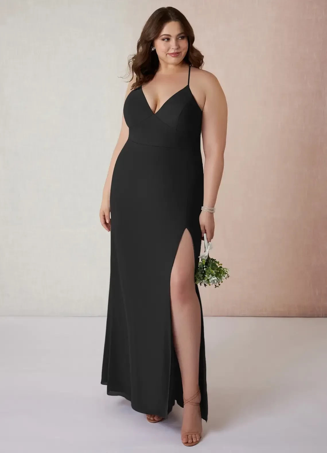 Attractive Plus Size Sheath Plunging V Neck Sleeveless Criss Cross Back Floor Length Bridesmaid Dress