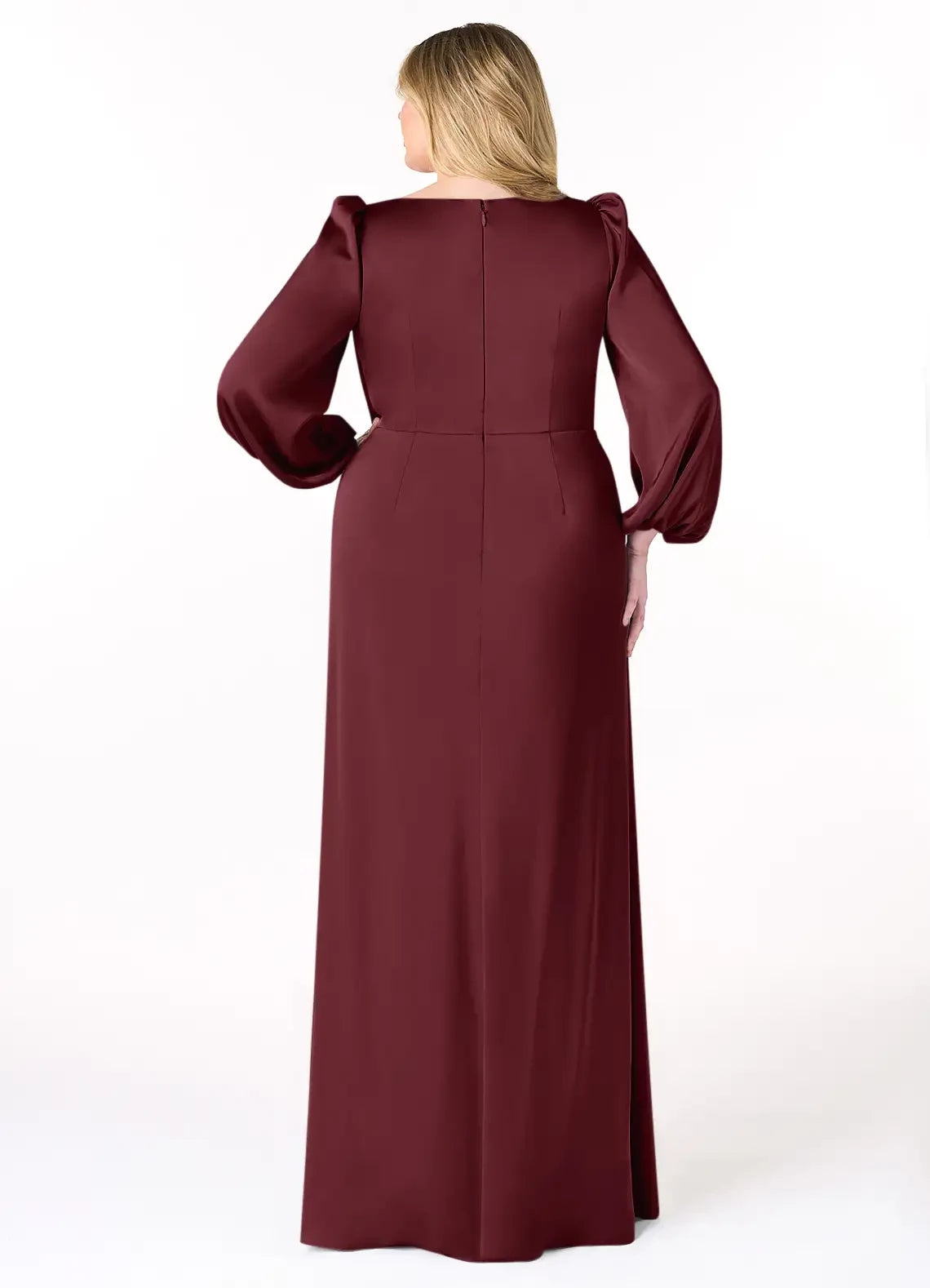 Attractive Plus Size Sheath V Neck Puff Sleeve Zipper Back Floor Length Bridesmaid Dress