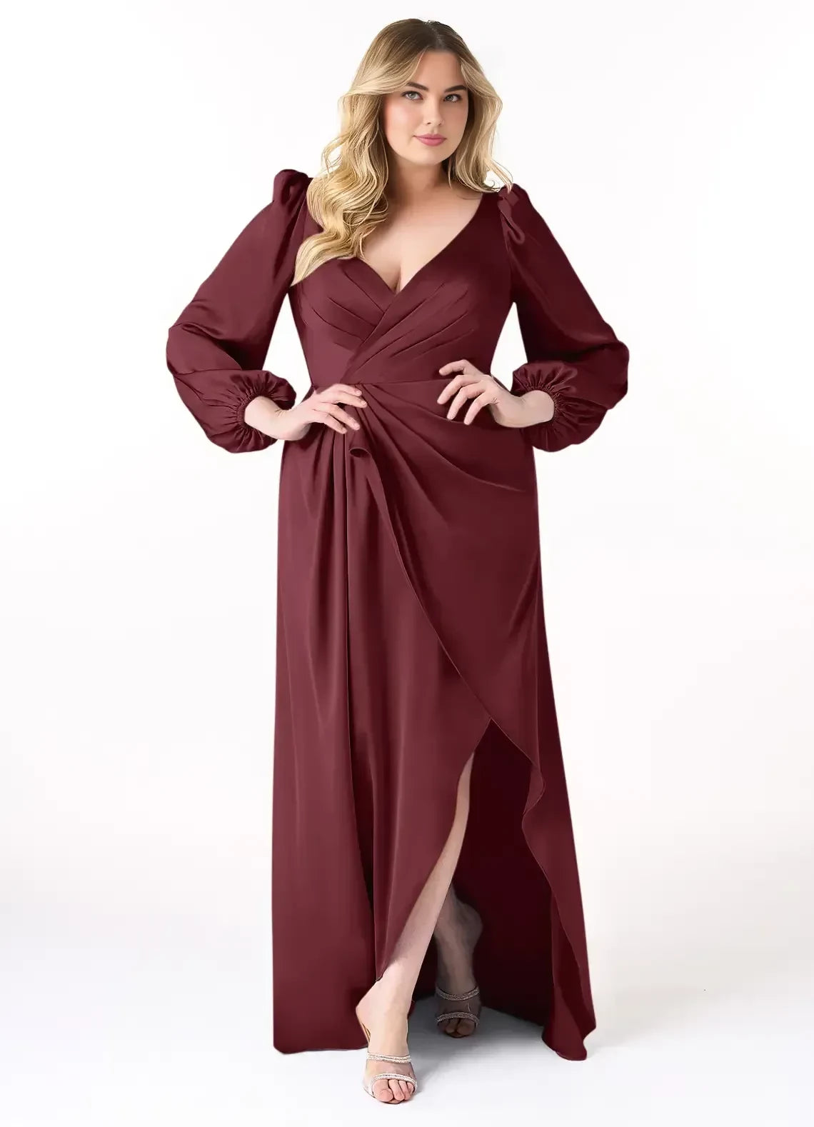 Attractive Plus Size Sheath V Neck Puff Sleeve Zipper Back Floor Length Bridesmaid Dress