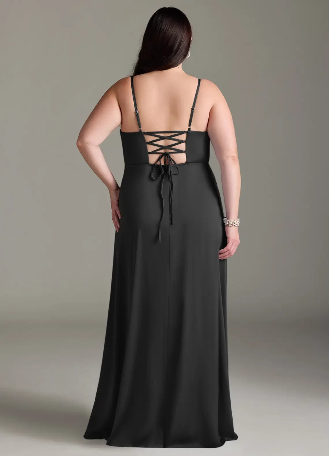 Attractive Plus Size Sheath V Neck Spaghetti Strap Lace Up Back Floor Length Bridesmaid Dress