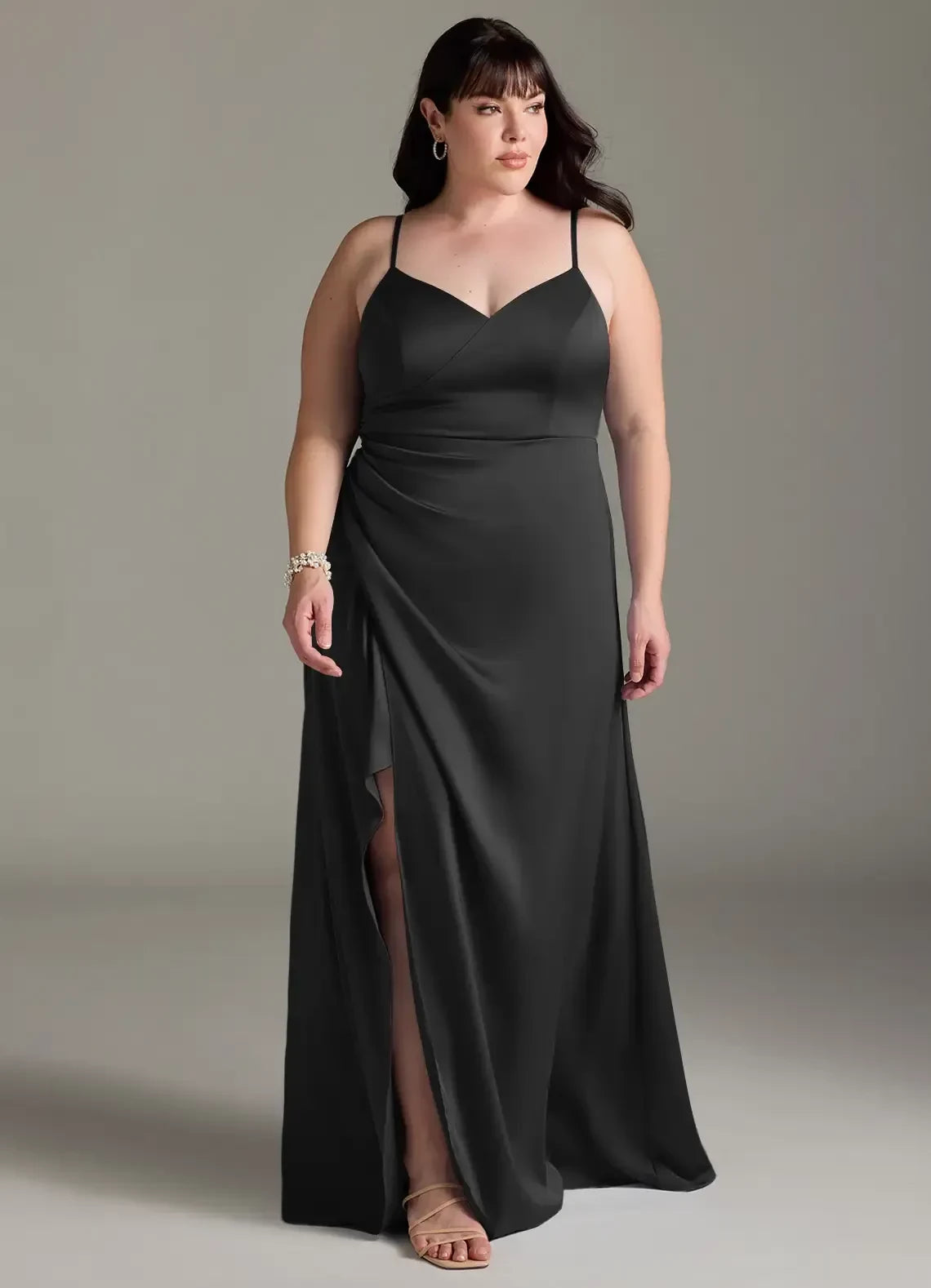 Attractive Plus Size Sheath V Neck Spaghetti Strap Lace Up Back Floor Length Bridesmaid Dress